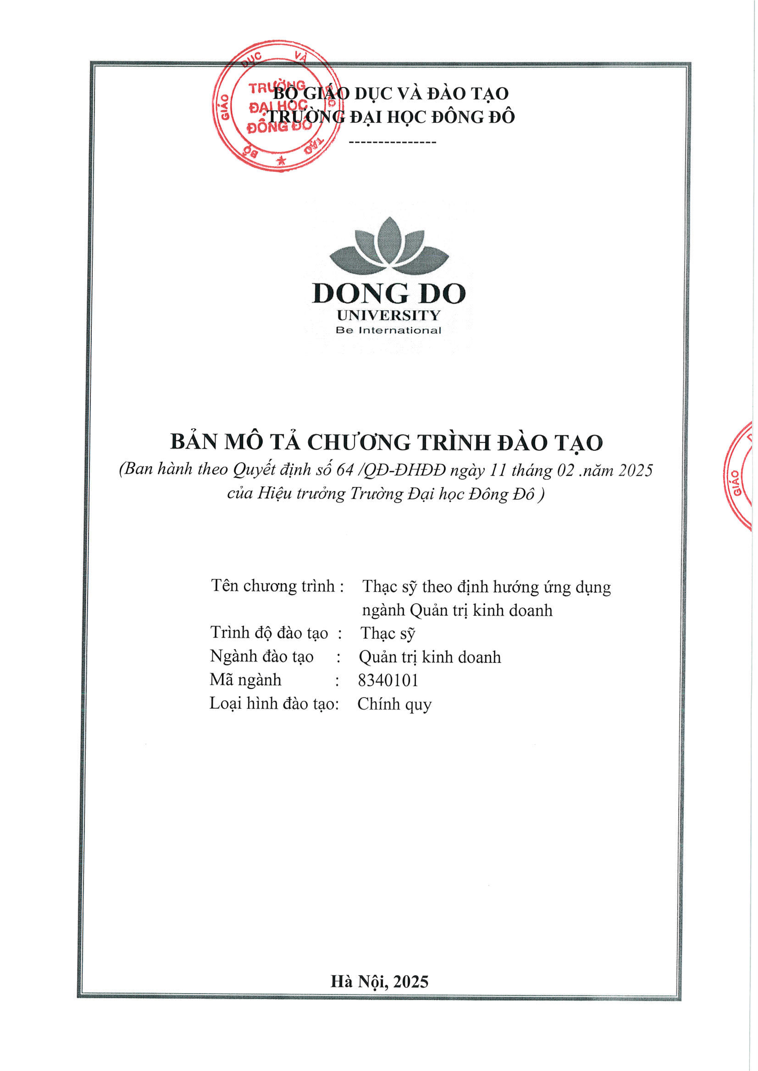 Bản mô tả chương trình đào tạo Thạc sĩ theo định hướng ứng dụng ngành Quản trị kinh doanh